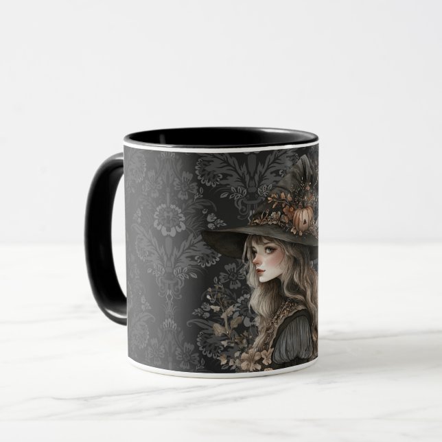 Whimsical Witch on Black Damask Mug (Front Left)