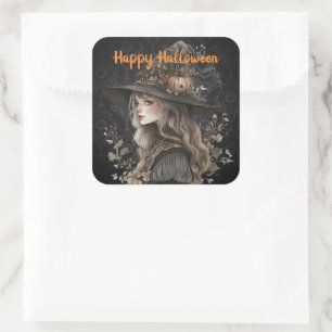 Whimsical Witch on Black Damask Square Sticker