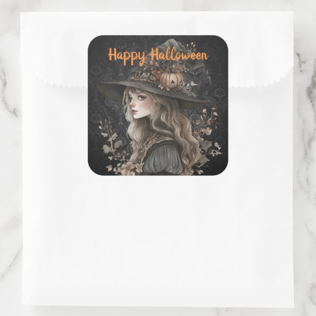 Whimsical Witch on Black Damask Square Sticker (Bag)