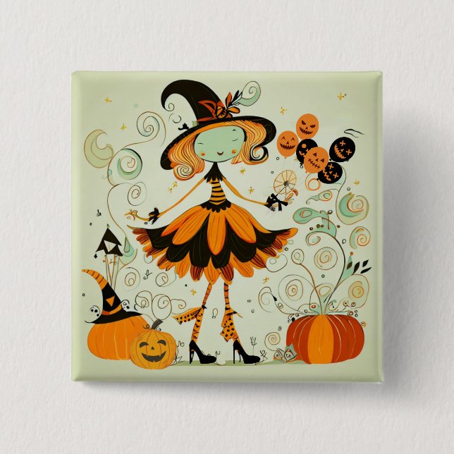whimsical/witch/pumpkin/fall 15 cm square badge (Front)