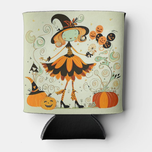 whimsical/witch/pumpkin/fall can cooler (Front)