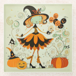 whimsical/witch/pumpkin/fall glass coaster