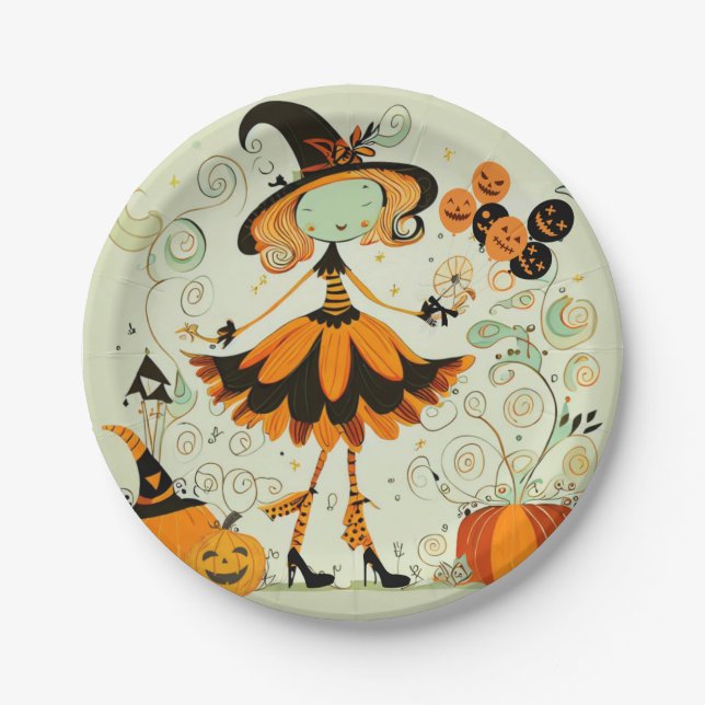 whimsical/witch/pumpkin/fall paper plate (Front)