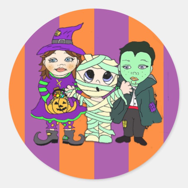 Whimsical Witch, Vampire and Mummy Halloween Classic Round Sticker (Front)