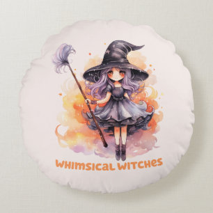 Whimsical Witches – Cute Halloween Witch Round Cushion