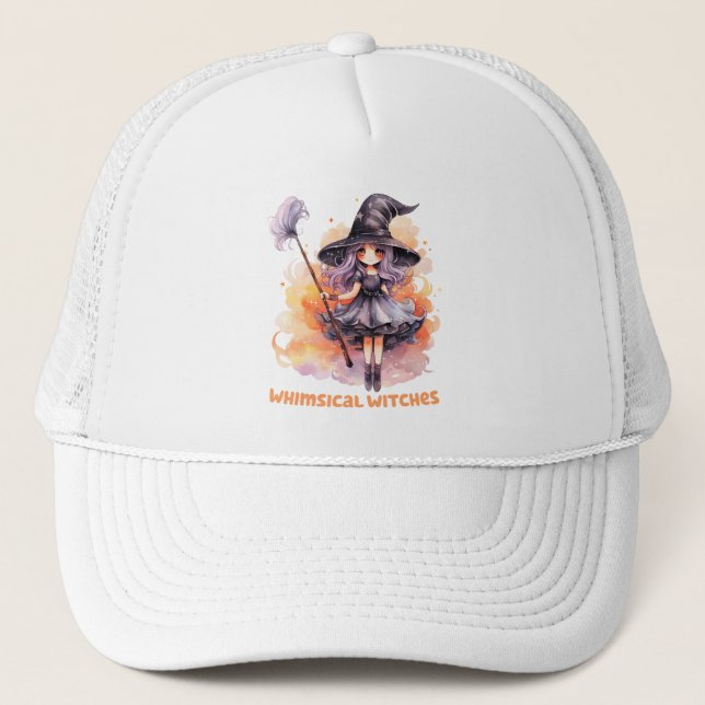 Whimsical Witches – Cute Halloween Witch Trucker Hat (Front)