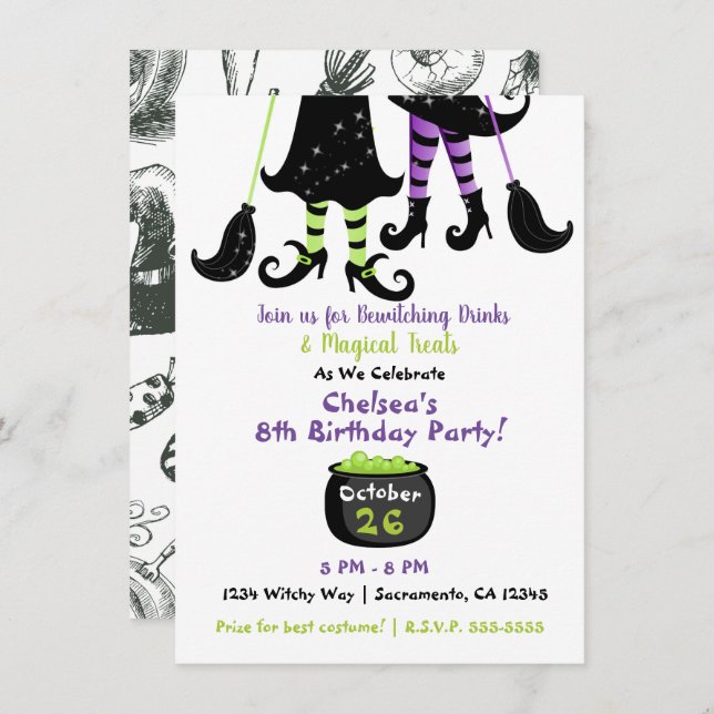 Whimsical Witches Modern Witch Halloween Birthday Invitation (Front/Back)