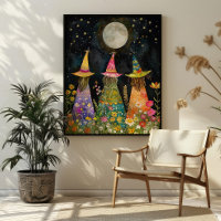 Whimsical Witches Under Fullmoon Colourful Art