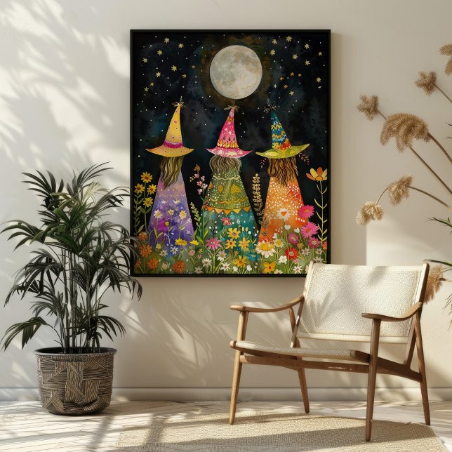Whimsical Witches Under Fullmoon Colourful Art Poster (Creator Uploaded)