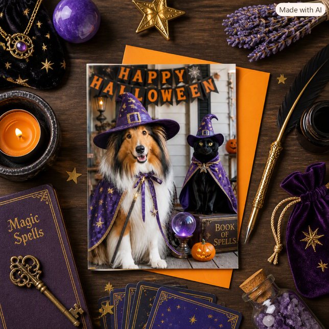 Whimsical Wizards Collie & Cat Halloween Folded Card (Creator Uploaded)