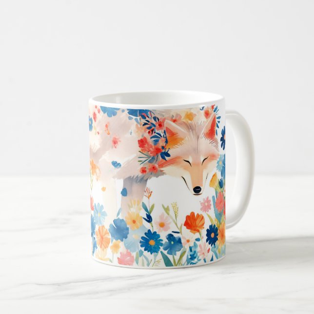 Whimsical Wolf in Blooming Flower Garden Coffee Mug (Front Right)