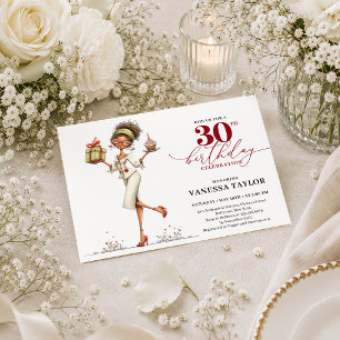 Whimsical Woman 30th Birthday Deep Red Modern Invi Invitation