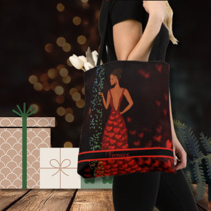 Whimsical Woman in Red Dress Tote Bag