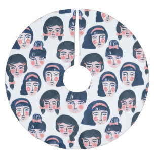 Whimsical Women: Cartoon Face Art Brushed Polyester Tree Skirt