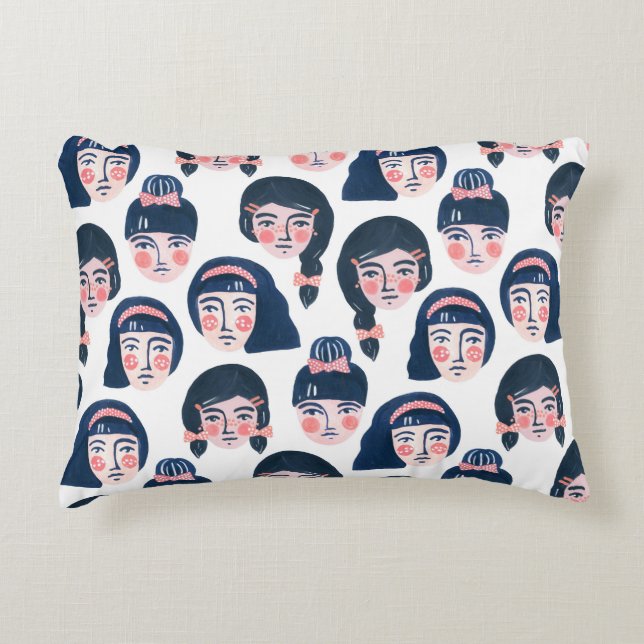Whimsical Women: Cartoon Face Art Decorative Cushion (Front)