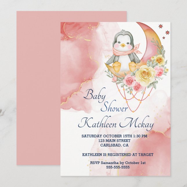 Whimsical Wonderland Pink Penguin Baby shower girl Invitation (Front/Back)