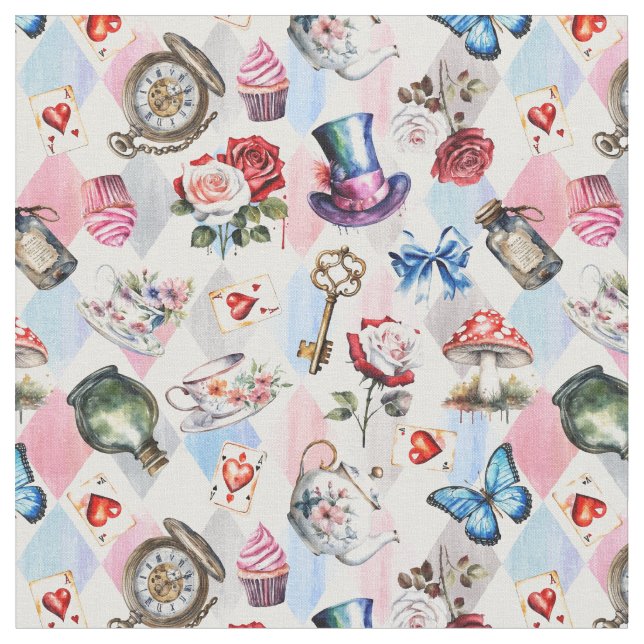 Whimsical Wonderland Watercolor Victorian Pattern Fabric (Close Up)