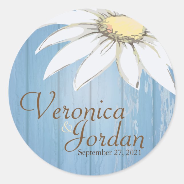 Whimsical Wood Daisy Custom Wedding Stickers (Front)