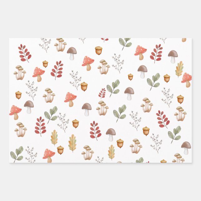 Whimsical Woodland Acorn Leaves Mushroom Wrapping Paper Sheet (Front)
