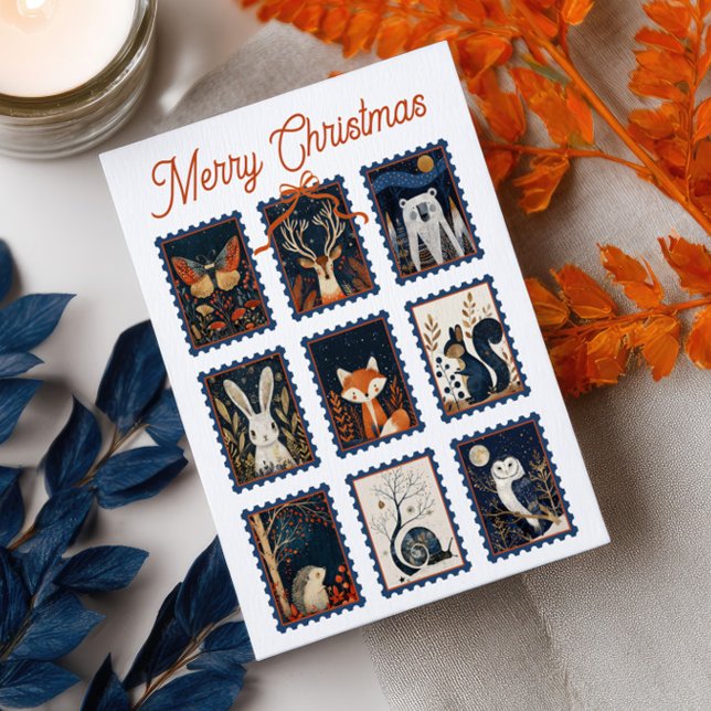 Whimsical Woodland Animal Stamps Merry Christmas  Postcard (Creator Uploaded)