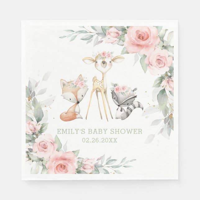 Whimsical Woodland Animals Baby Shower Pink Floral Napkin (Front)