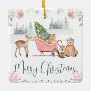 Whimsical Woodland Animals Christmas Sleigh Ceramic Ornament
