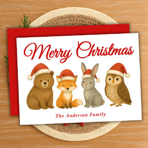 Whimsical Woodland Animals in Santa Hats Christmas Holiday Card