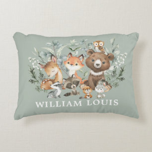 Whimsical Woodland Animals Sage Greenery Nursery Decorative Cushion