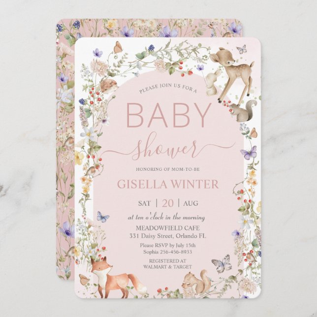 Whimsical Woodland Animals Wildflower Baby Shower  Invitation (Front/Back)