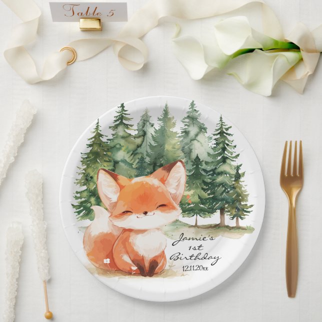Whimsical Woodland Baby Fox 1st Birthday Paper Plate (Wedding)