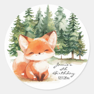 Whimsical Woodland Baby Fox 4th Birthday Classic Round Sticker