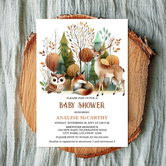 Whimsical Woodland Baby Shower Invitation (Whimsical woodland baby shower invitation front view.)