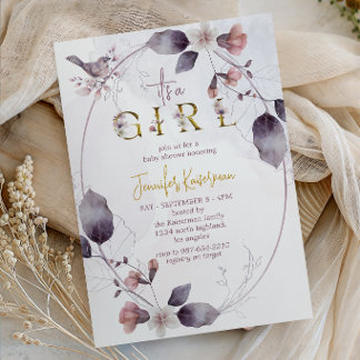 Whimsical Woodland Bird Dusty Rose Baby Shower Invitation