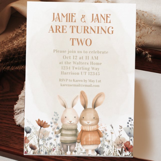 Whimsical Woodland Bunny Twin Double Birthday Invitation (Creator Uploaded)