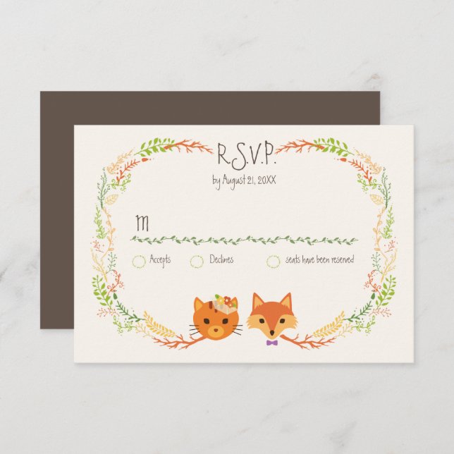 Whimsical Woodland Cat & Fox Couple Wedding RSVP (Front/Back)