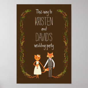 Whimsical Woodland Cat & Fox Couple Wedding Sign