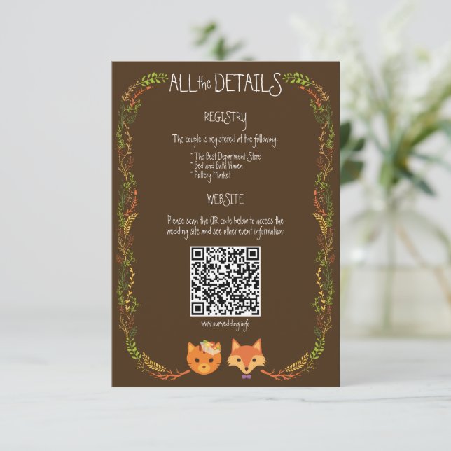 Whimsical Woodland Cat & Fox Rustic Wedding Enclosure Card (Standing Front)