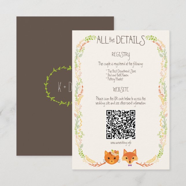 Whimsical Woodland Cat & Fox Rustic Wedding Enclosure Card (Front/Back)