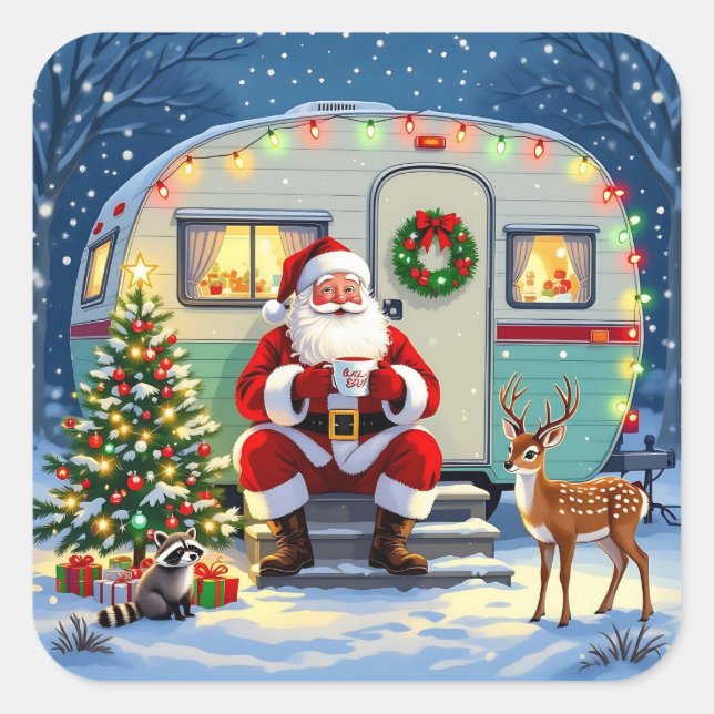 Whimsical Woodland Christmas and Retro RV Camper Square Sticker (Front)