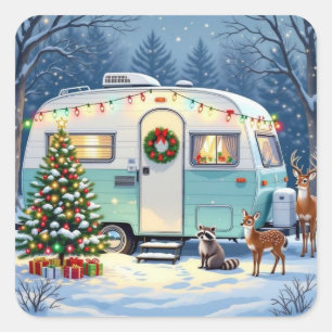 Whimsical Woodland Creatures and Retro RV Camper Square Sticker