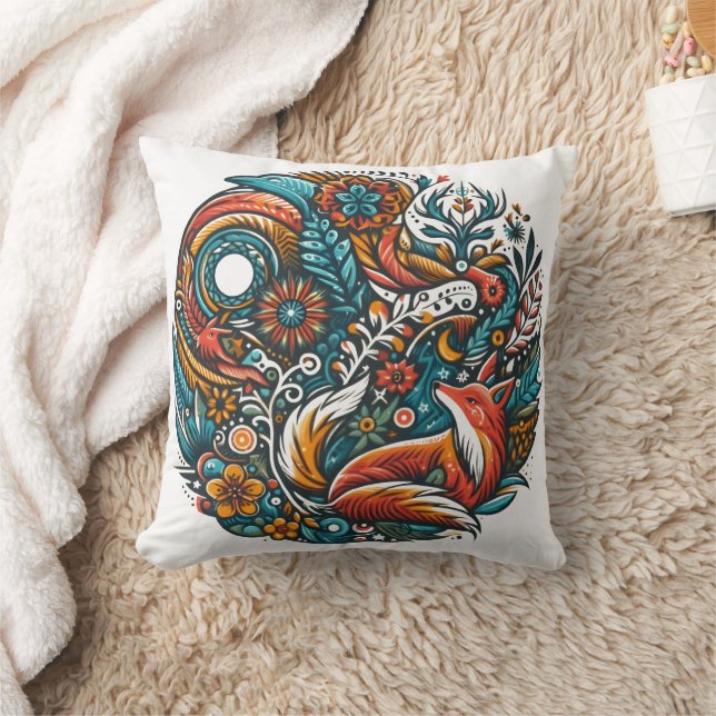 Whimsical woodland creatures in vibrant harmony cushion (Blanket)