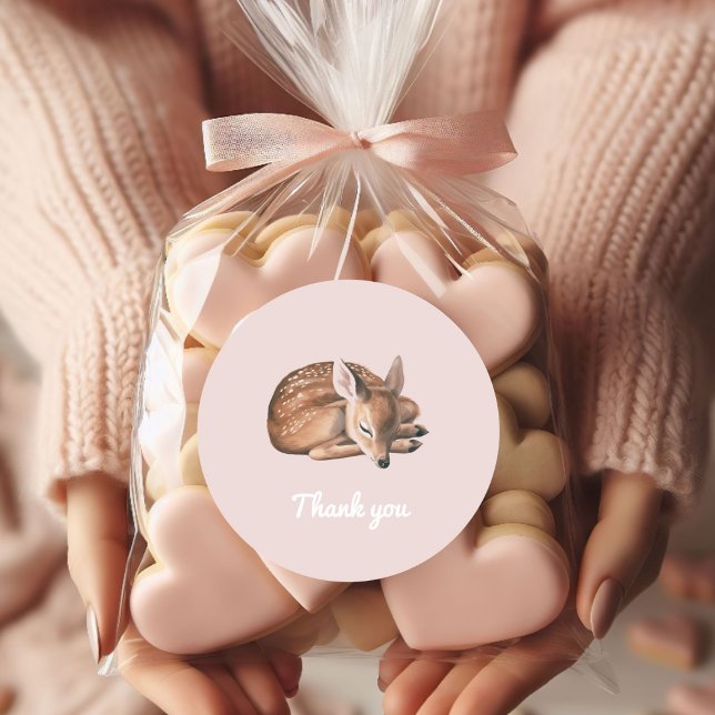 Whimsical Woodland Deer Birthday Pink Thank You Classic Round Sticker (Creator Uploaded)