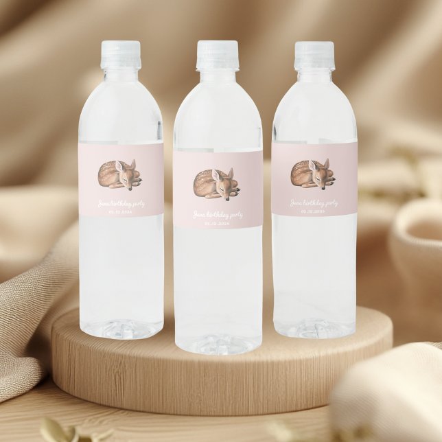 Whimsical Woodland Deer Birthday Pink  Water Bottle Label (Creator Uploaded)