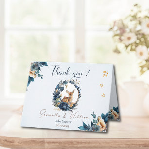 Whimsical Woodland Deer Blue Floral Leaves Thank You Card