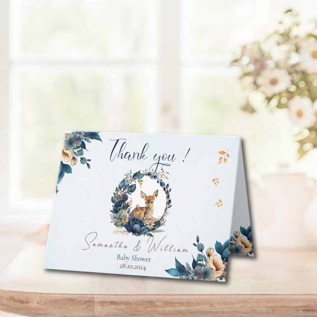 Whimsical Woodland Deer Blue Floral Leaves Thank You Card (Creator Uploaded)
