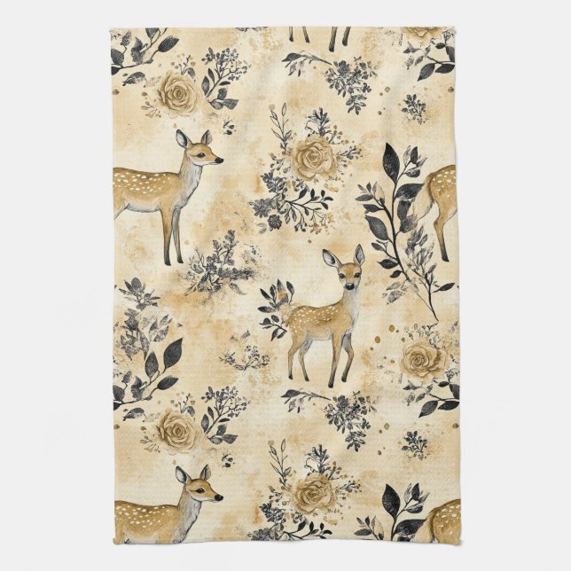 Whimsical Woodland Fawn Pattern Tea Towel (Vertical)