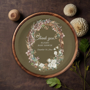 Whimsical Woodland Floral Photo Baby Shower Paper Plate
