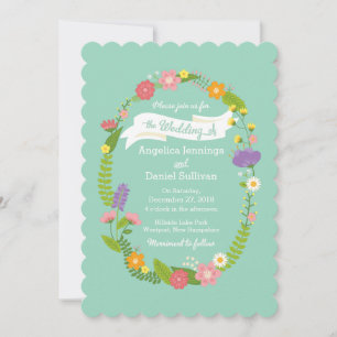 Whimsical Woodland Floral Wreath Mint Wedding Invitation