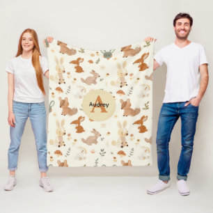 Whimsical Woodland Forest Animals Greenery Pattern Fleece Blanket