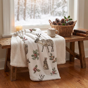 Whimsical Woodland Forest Animals Greenery Pattern Sherpa Blanket